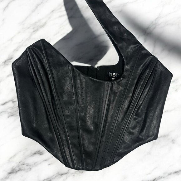 NBD Elodie Faux Vegan Leather Crop Top Size XXS Black Corset One Shoulder Strap - Picture 5 of 9